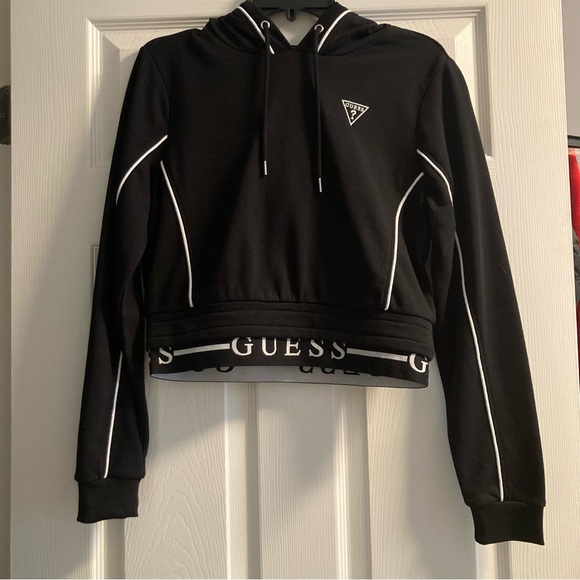 GUESS Black Cropped Hoodie with White Accents - Picture 2 of 5